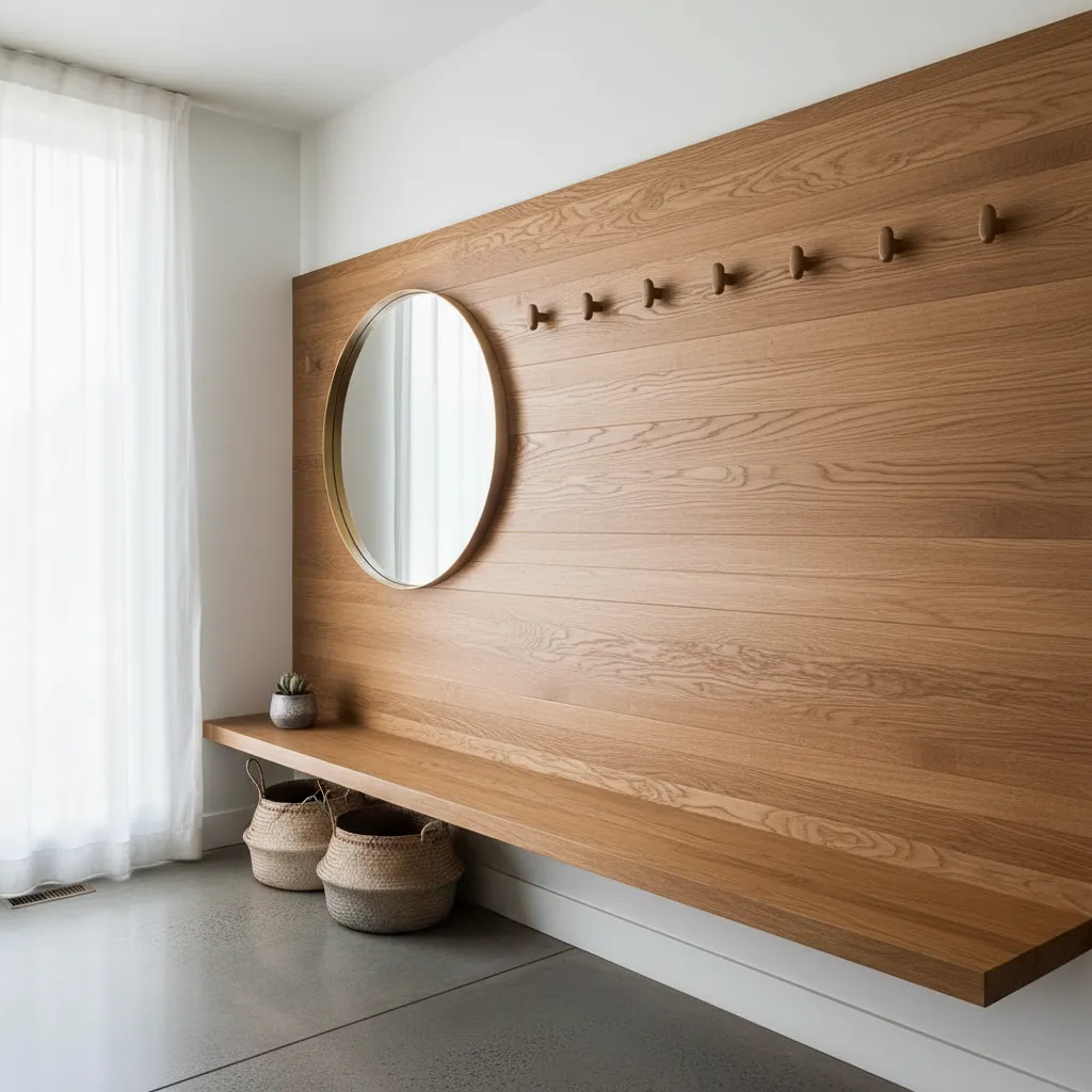 Panel de madera con ganchos integrados para abrigos en la entrada