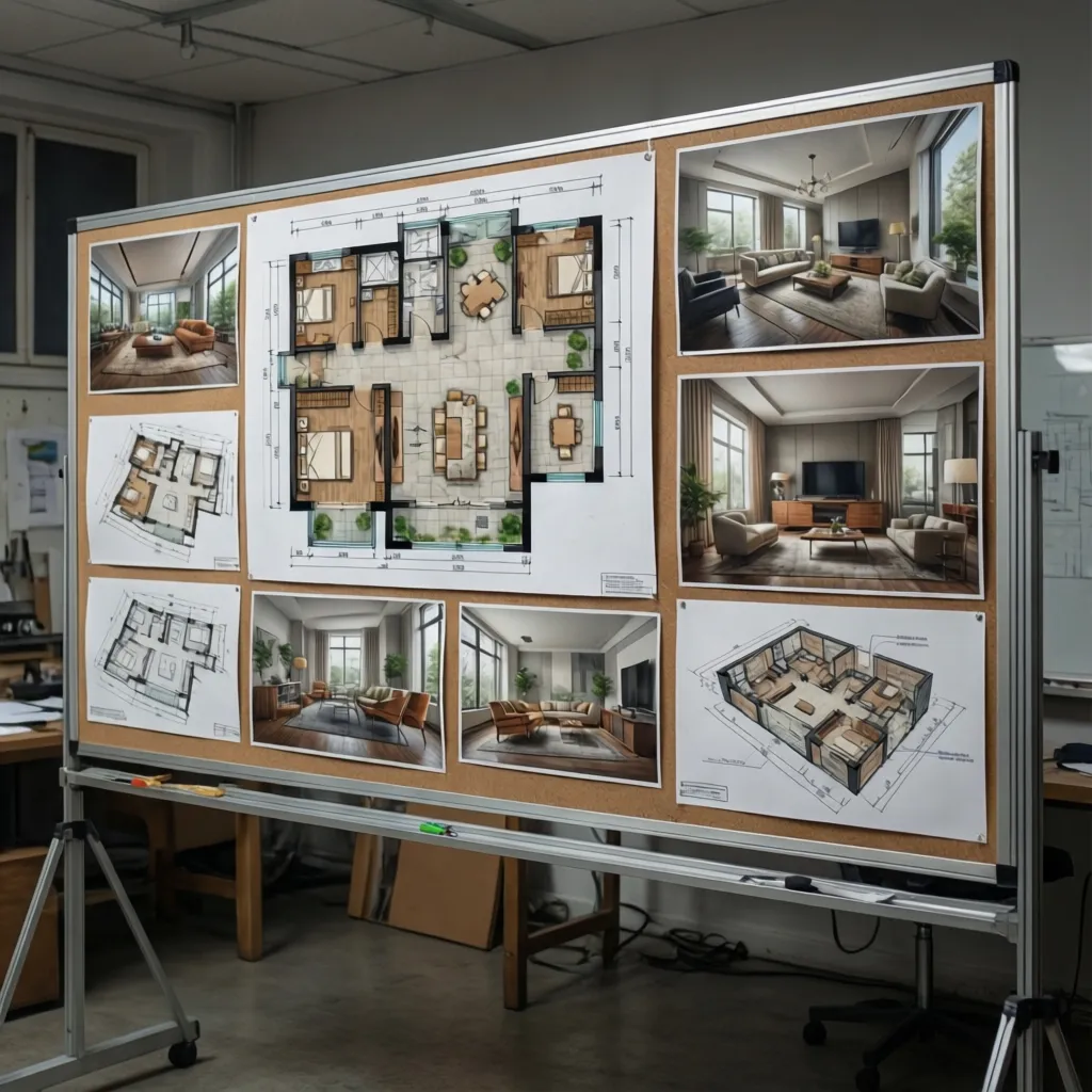 Panel de presentación de tesis de diseño de interiores con planos y renders