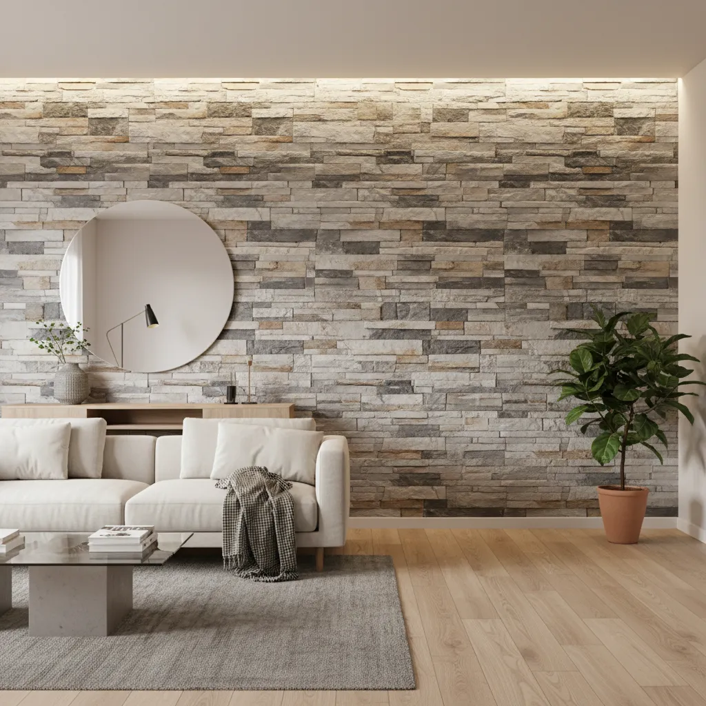 Panel decorativo PVC efecto piedra en pared interior