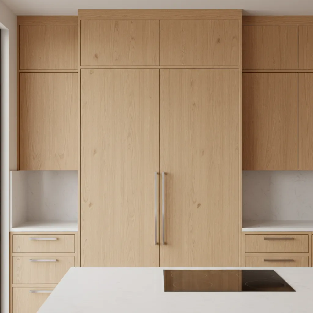 Panel-ready refrigerator doors aligned with surrounding kitchen cabinets
