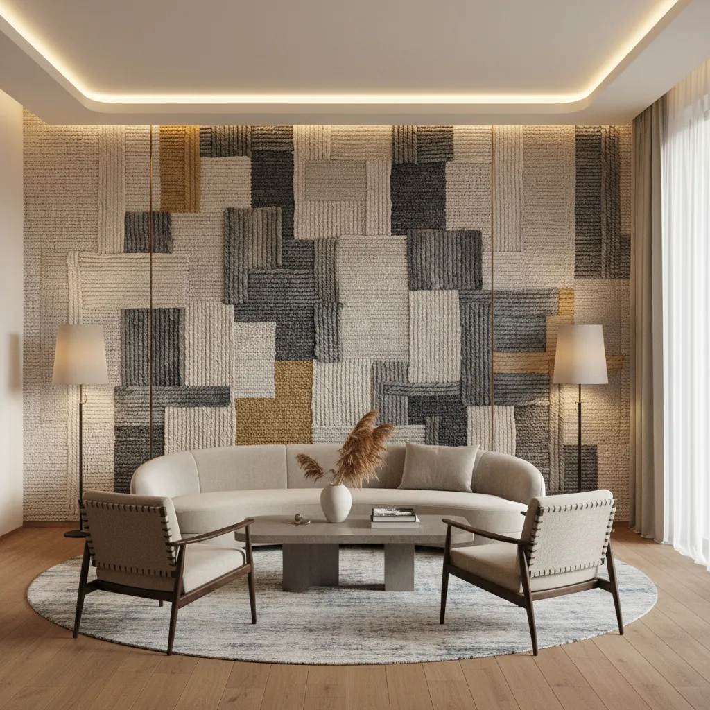 Minimalist living room with textured wall panel behind curved sofa plus armchairs and round rug