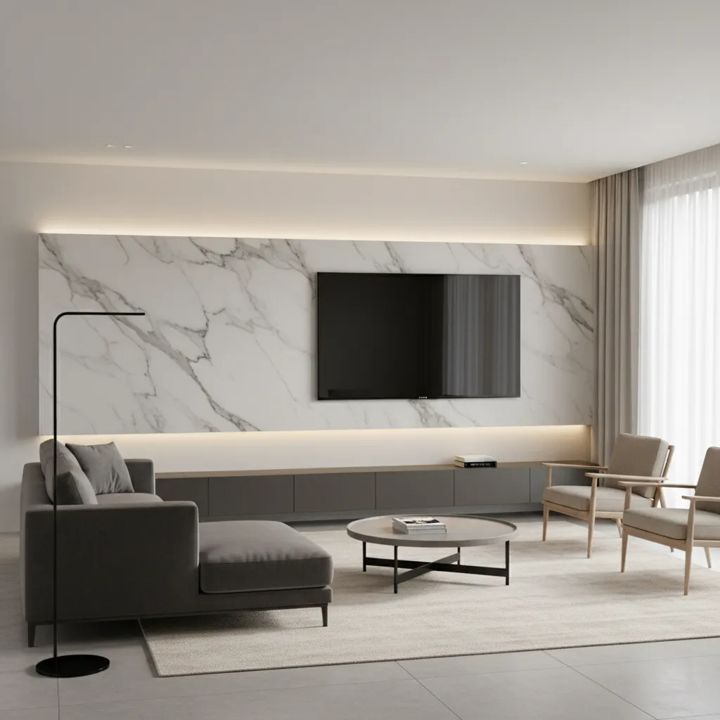 Panel decorativo con textura detrás de televisor