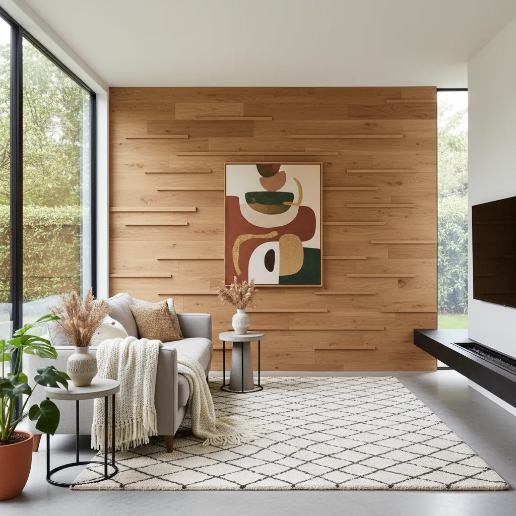 Modern living room featuring wood wall panel with art grey sofa and large glass windows