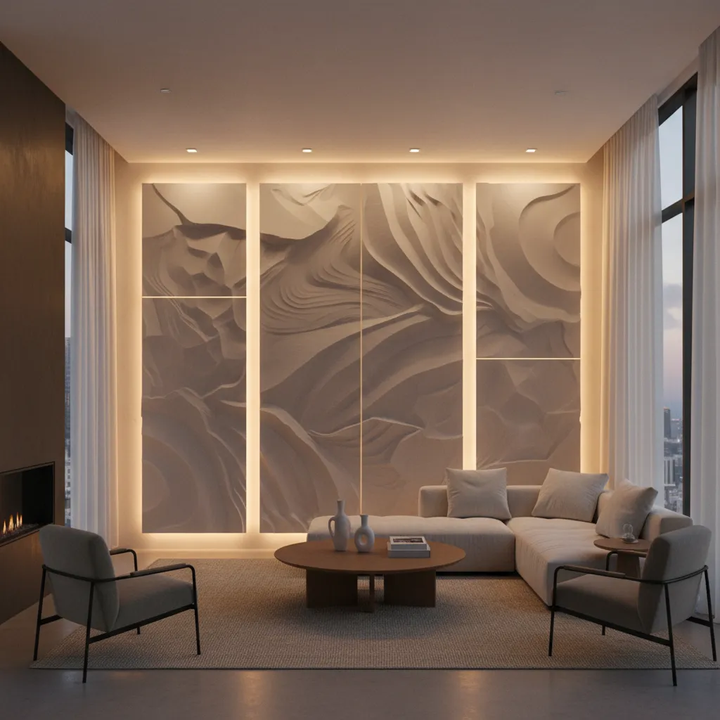 Panel de yeso con iluminación LED indirecta en salón moderno
