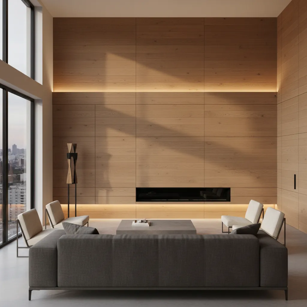 Panelado decorativo interior fabricado con tablero conglomerado acabado madera