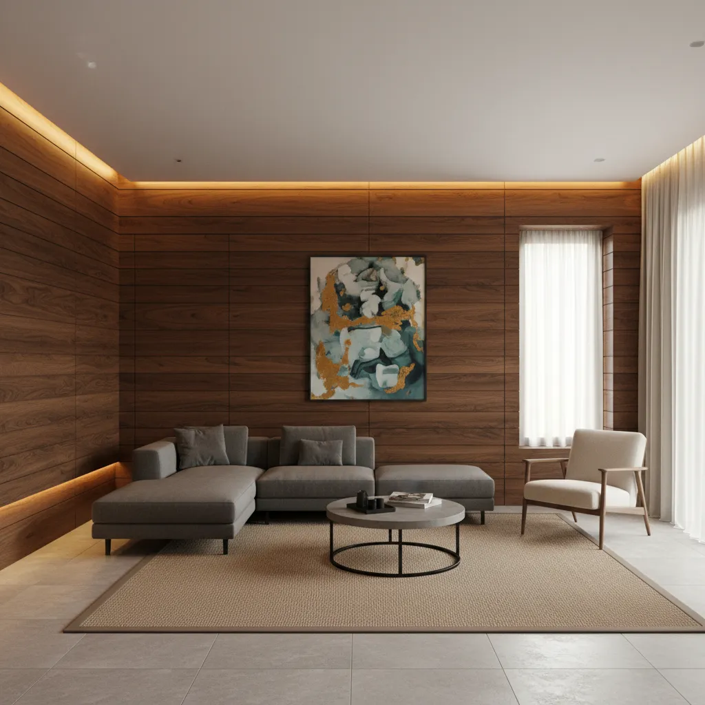 Panelado de madera moderno en pared de salón