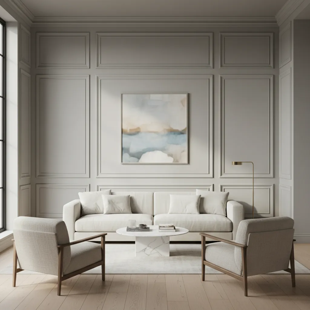 Living room with beige wall panel design, white sofa, marble coffee table, and two chairs
