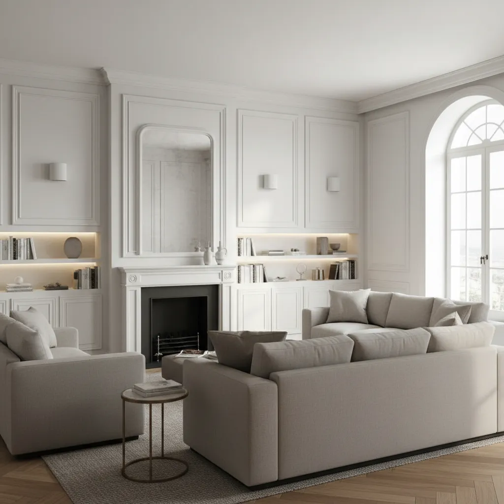 Elegant white living room featuring wall panel details, fireplace, mirror, grey sofa, and arched window