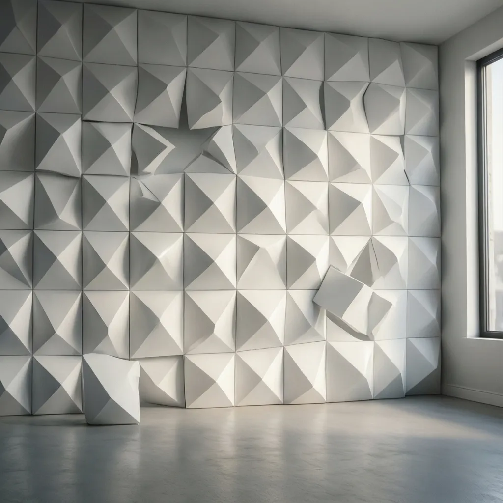 Minimalist empty room showing white geometric wall panel design with grey floor and bright window