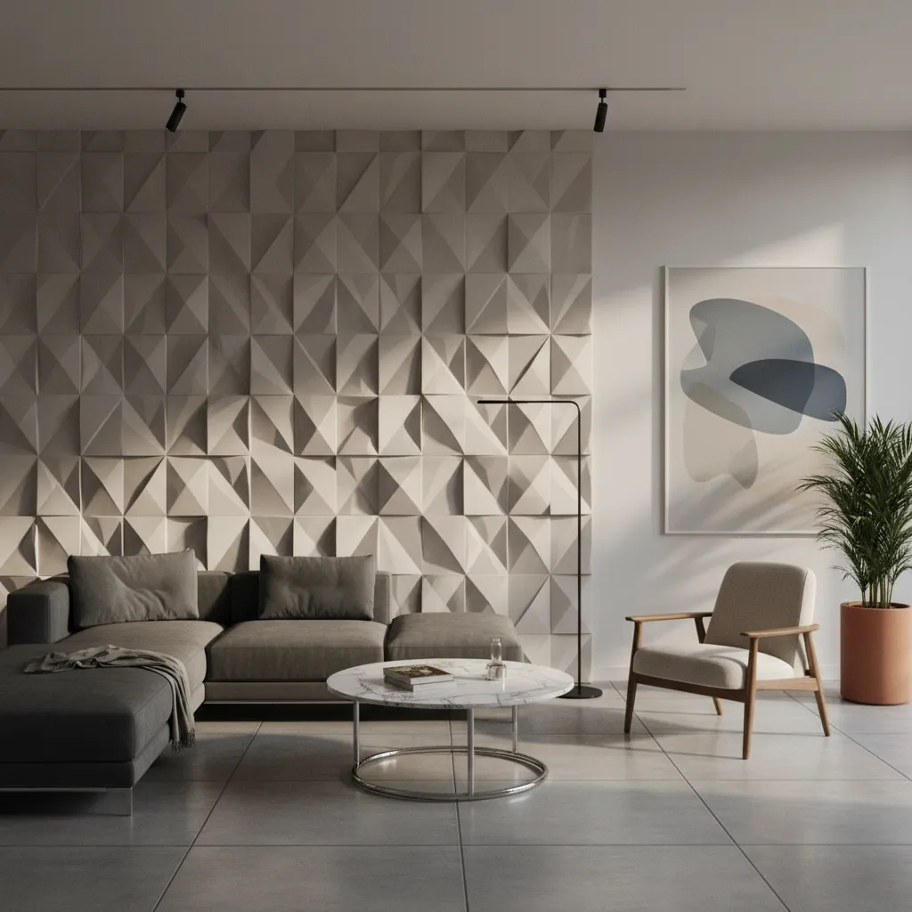 Modern living room with grey sofa marble coffee table textured wall panels and wooden chair