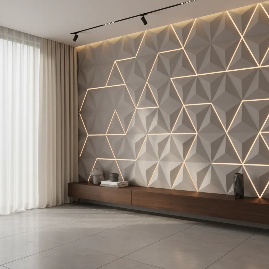 Pared con paneles 3D iluminados con luz indirecta