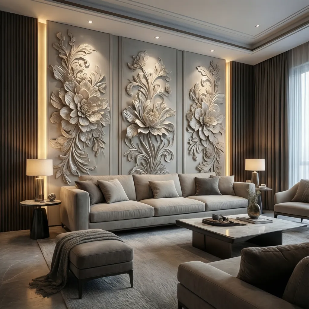 pared de salón con paneles decorativos 3D y iluminación lateral