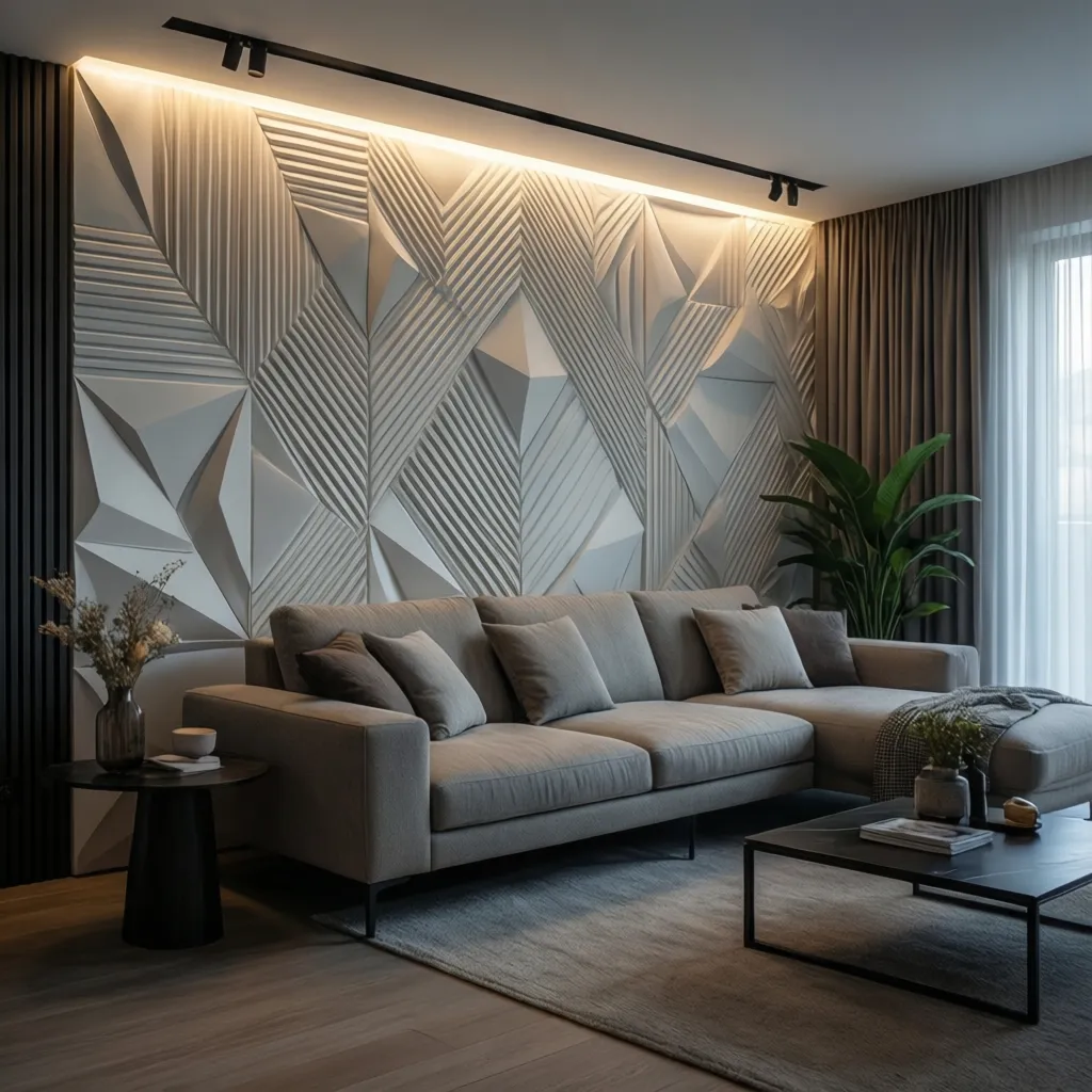 Pared de salón con paneles 3D decorativos y luz indirecta