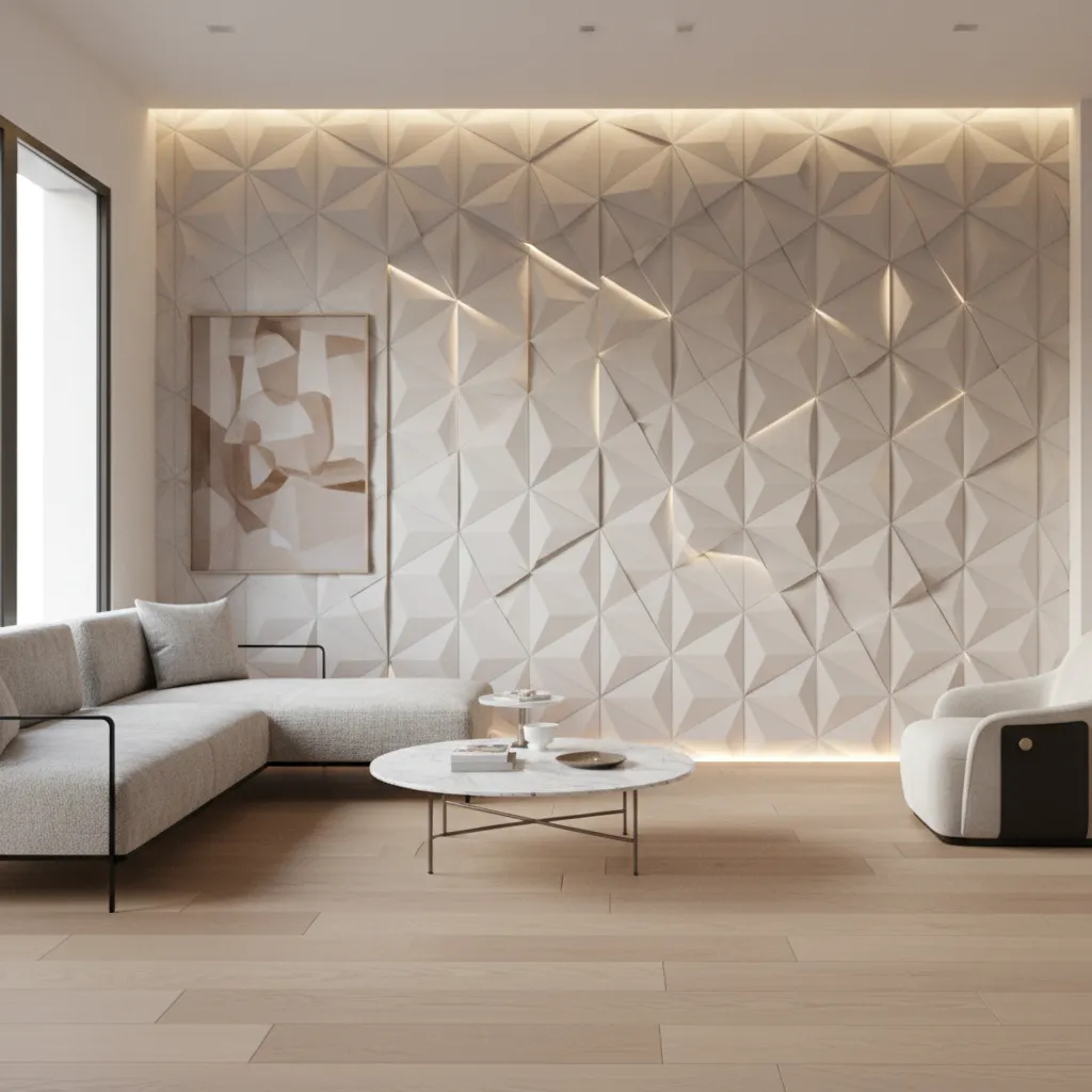 Paneles decorativos 3D de poliestireno en una pared de salón