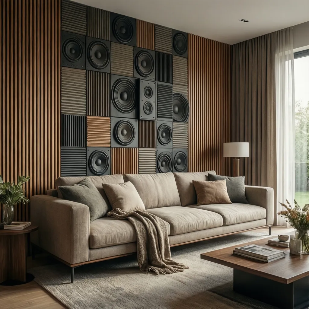 Living room interior design with beige sofa, wooden wall panels, speaker wall art, and rug