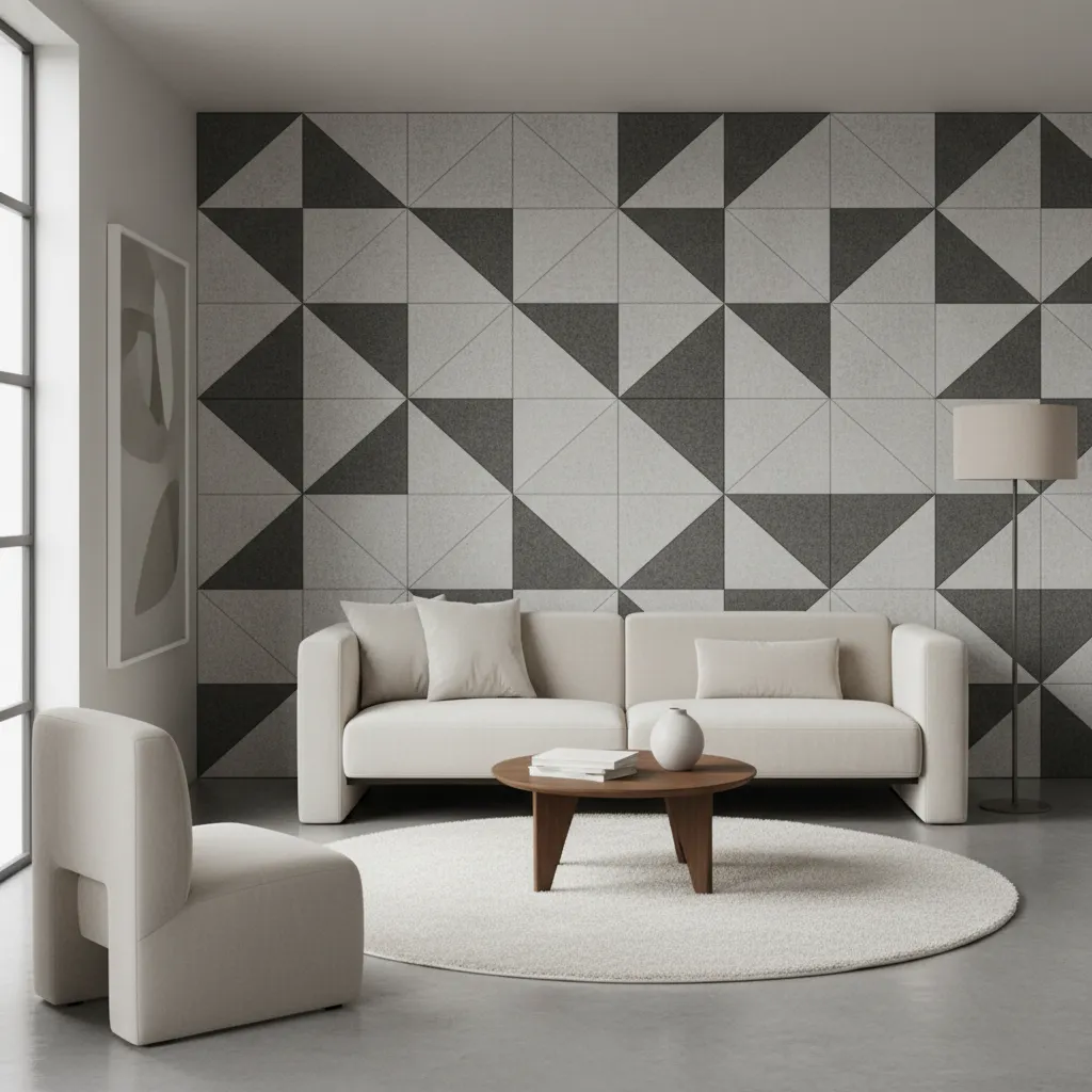 Modern living room with white sofa, round rug, coffee table, and geometric gray wall panel