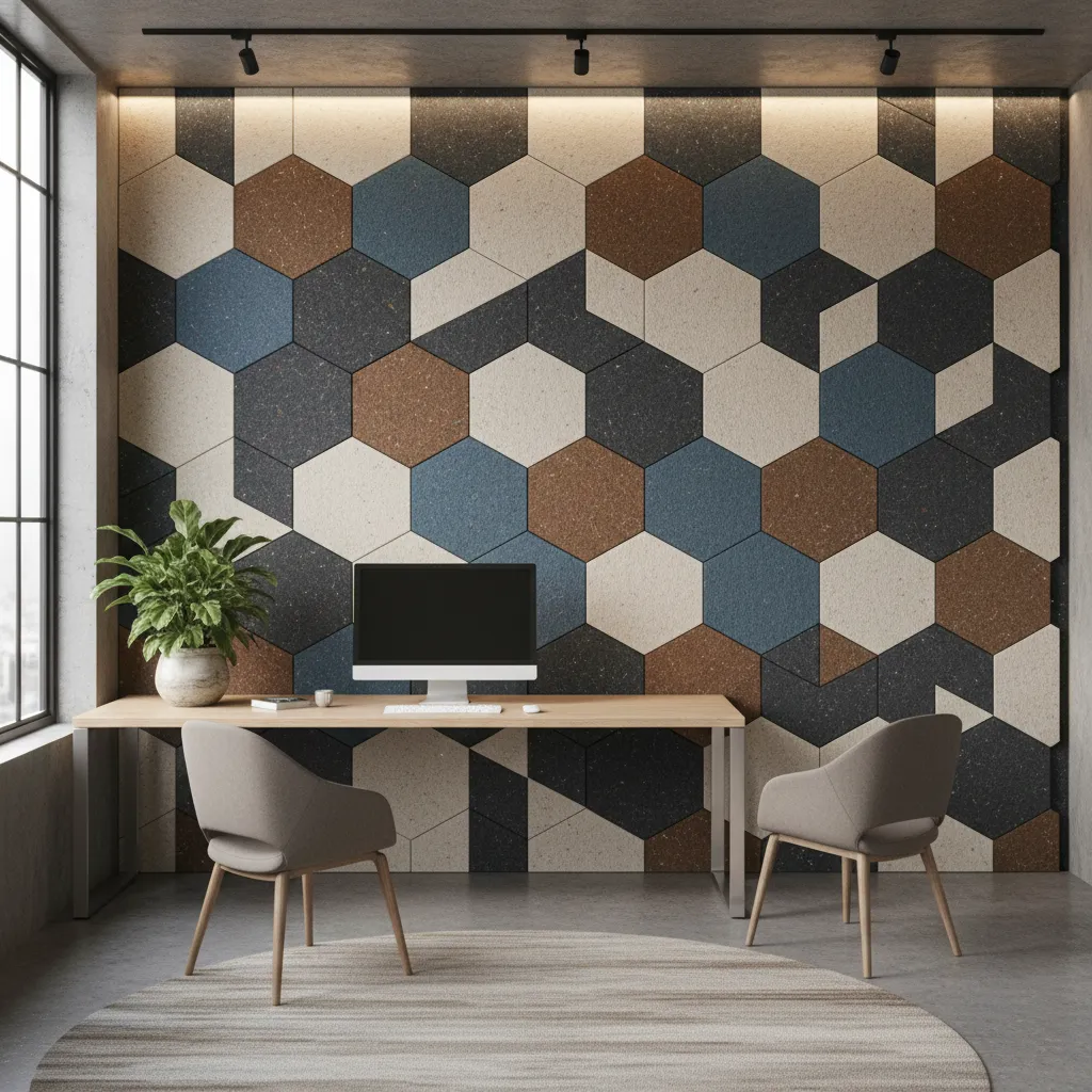 Paneles acústicos decorativos hechos con material reciclado en una pared interior