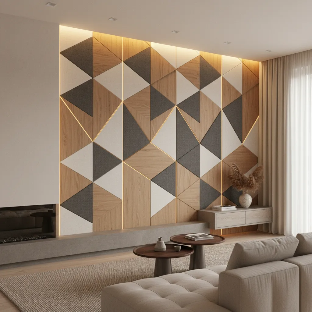 Pared con paneles acústicos decorativos en un salón moderno
