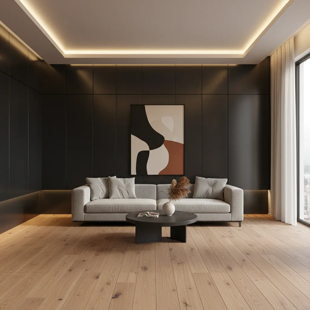 Paneles de aluminio negro mate combinados con madera en un salón contemporáneo