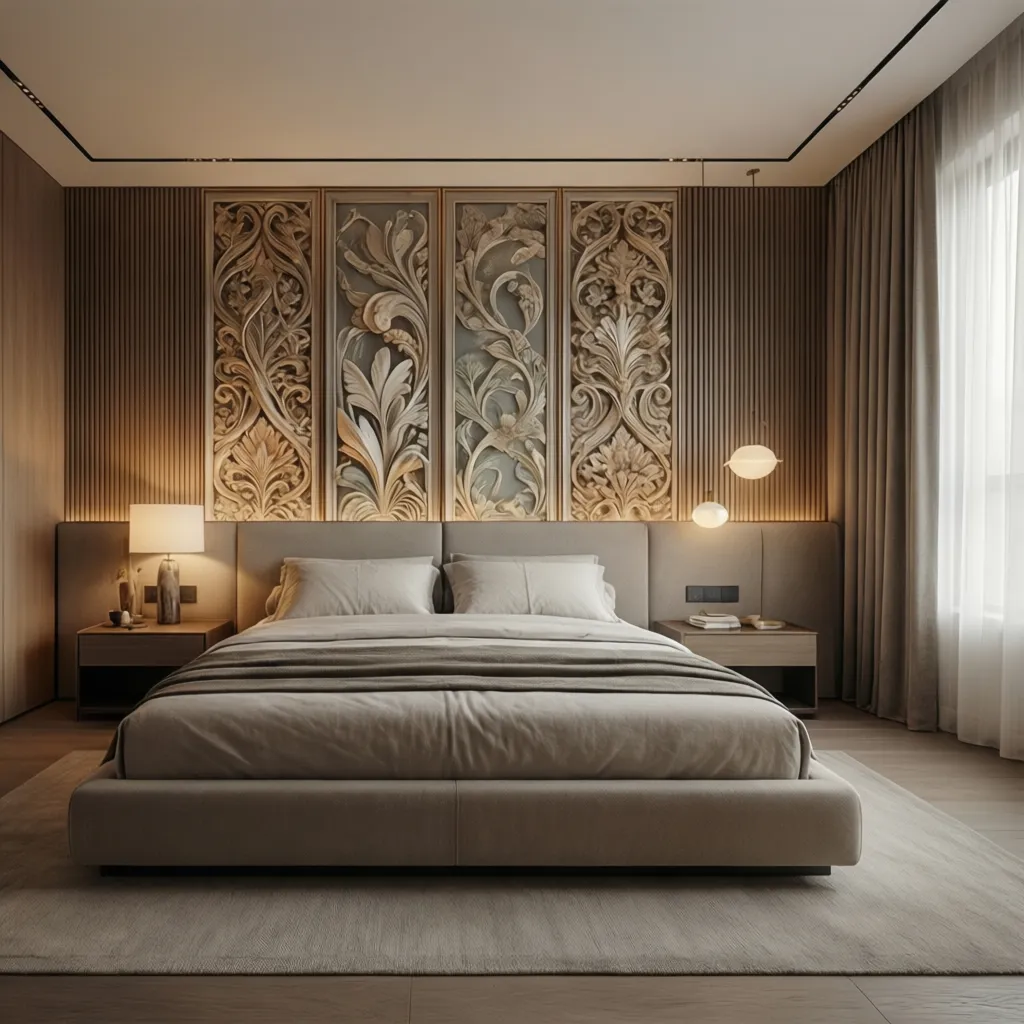 Elegant bedroom with large bed grey bedding carved wood wall panel bedside table and lamps