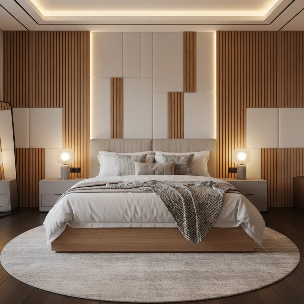 Modern bedroom featuring wooden wall panels padded headboard round rug and two warm table lamps