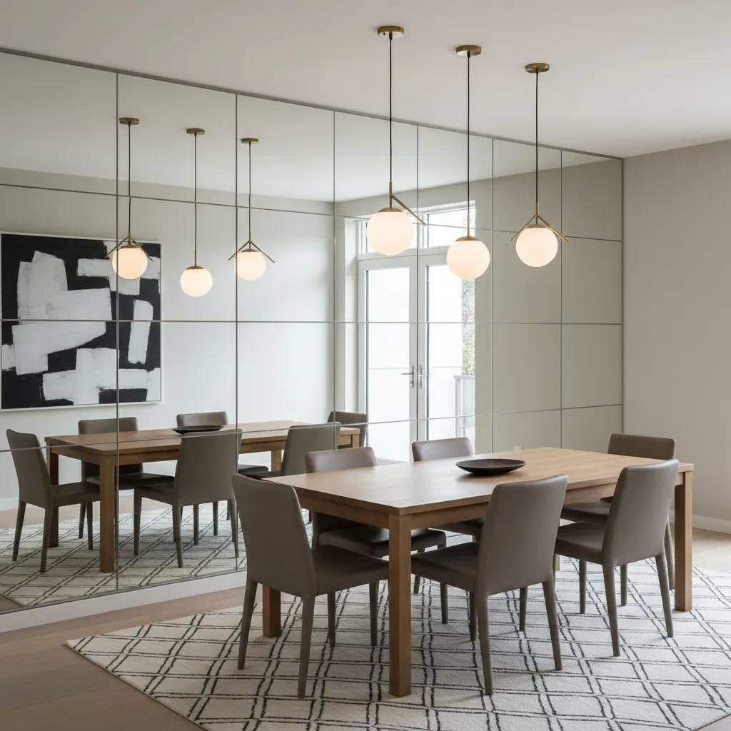 Modern dining room with wooden table and grey chairs reflected in large grid wall mirror
