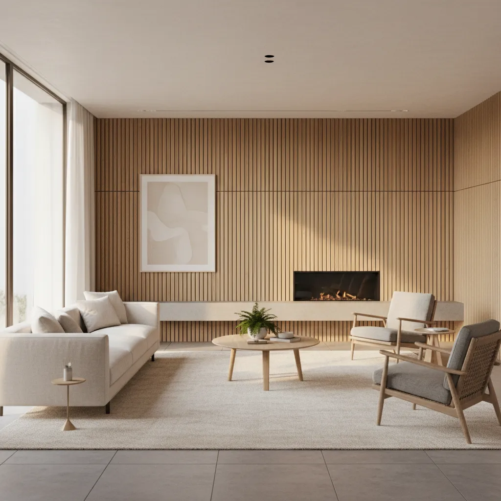 Bright living room featuring wooden wall panels, white sofa, two armchairs, coffee table, and rug