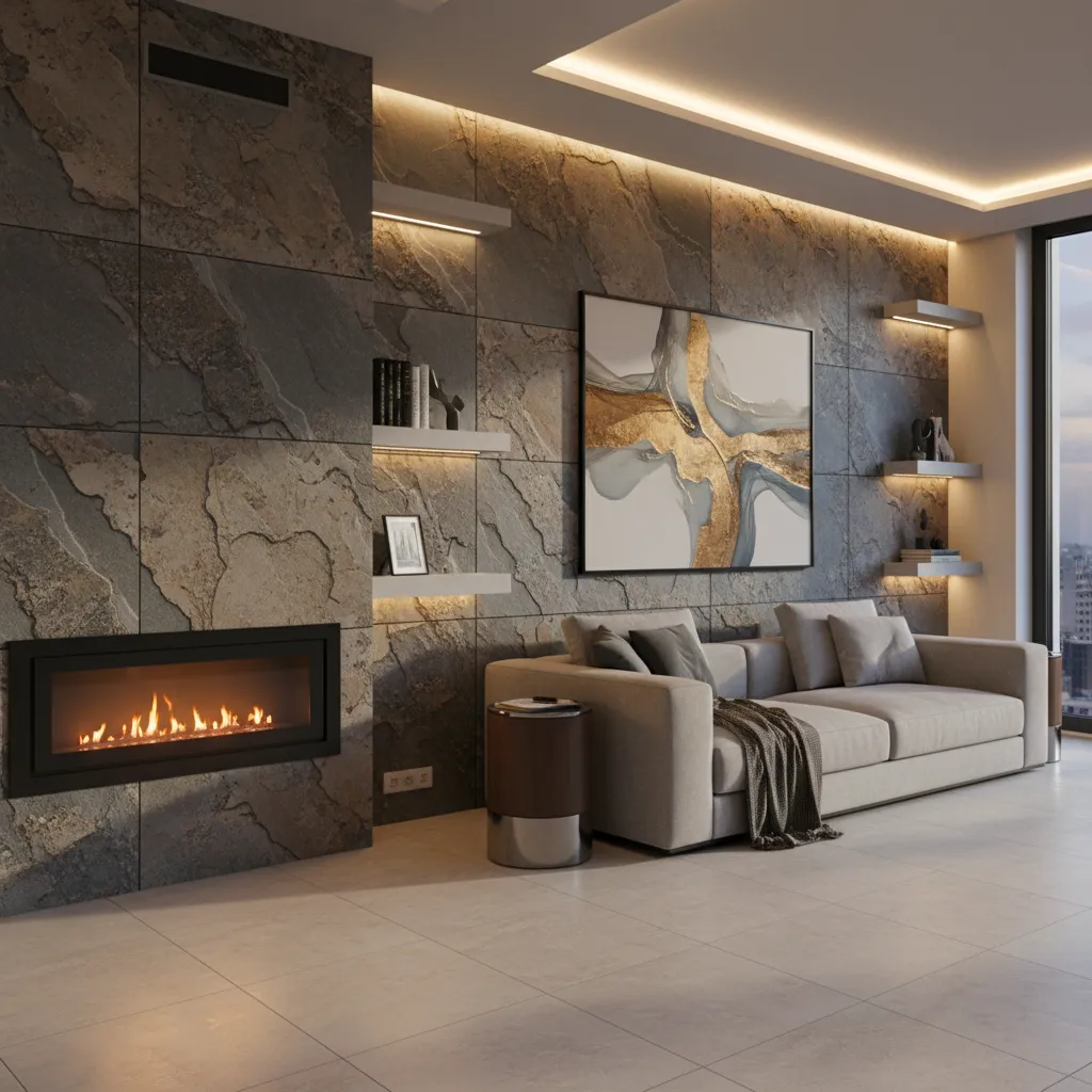 Paneles decorativos impermeables instalados en una pared interior