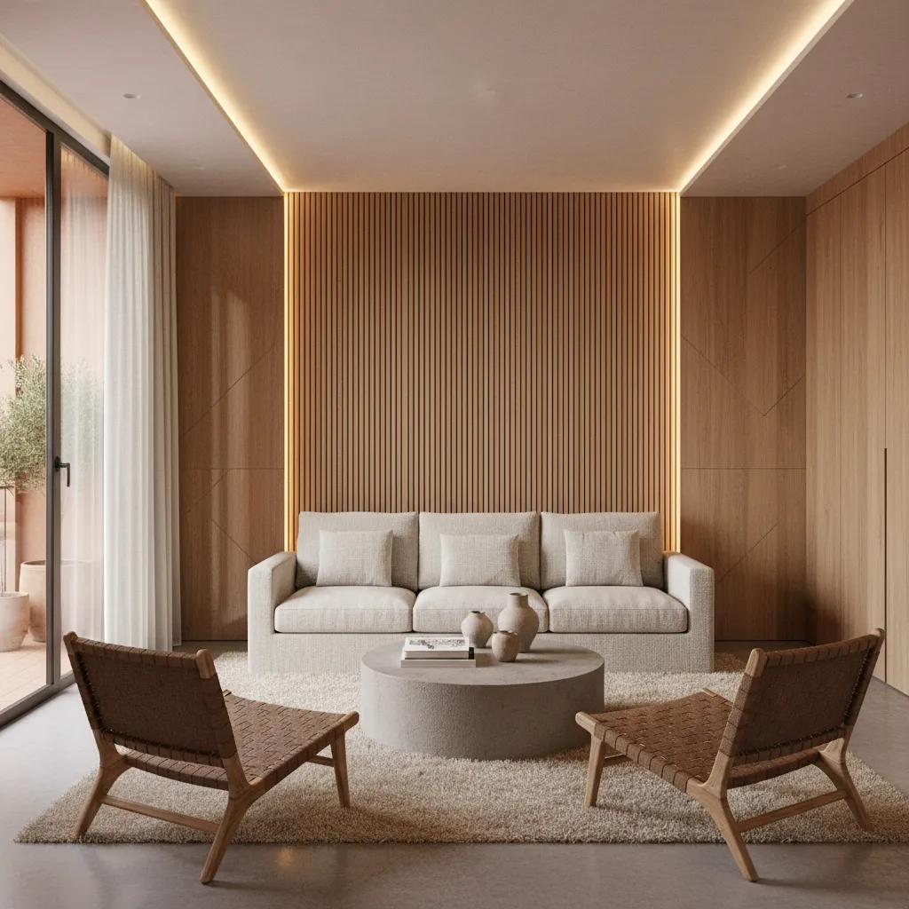 Living room with vertical wood wall panels, hidden lights, beige sofa, rug, and two chairs