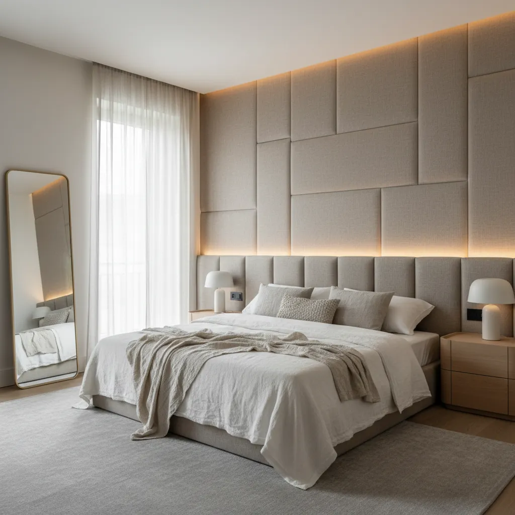 Modern bedroom with beige wall panel behind the bed plus white lamps and floor mirror