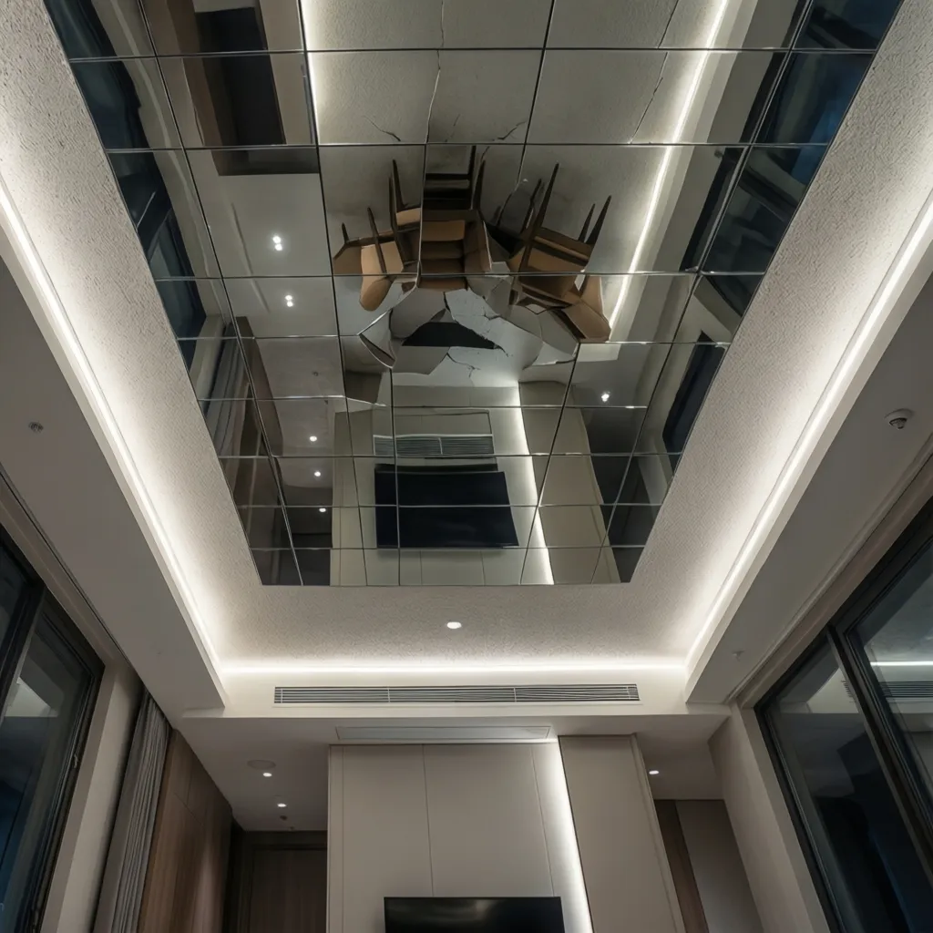 Detalle de paneles espejo segmentados en un techo moderno