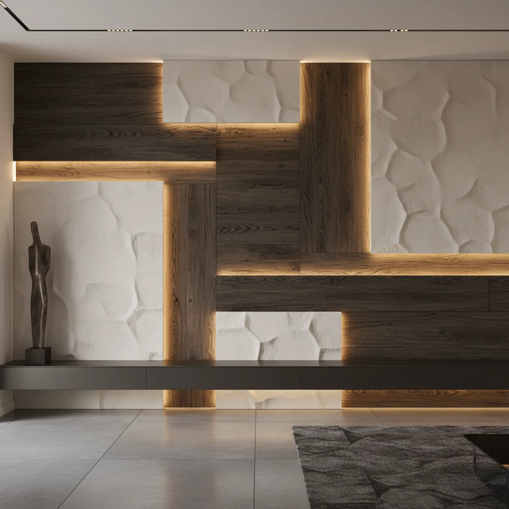 Modern feature wall with dark wood panels white textured stones built in lights and cabinet