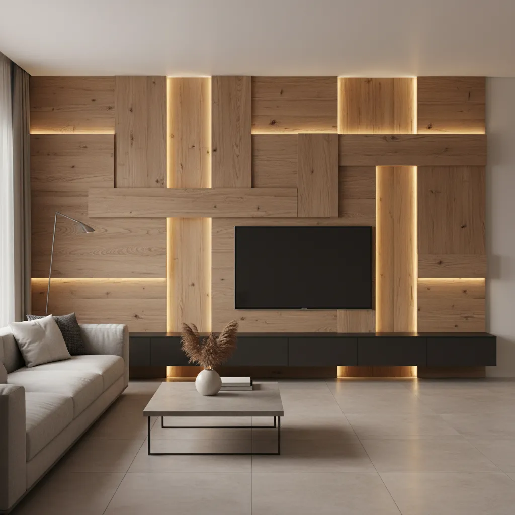 Modern living room with wood wall panels, hidden lights, television, black cabinet, and grey sofa
