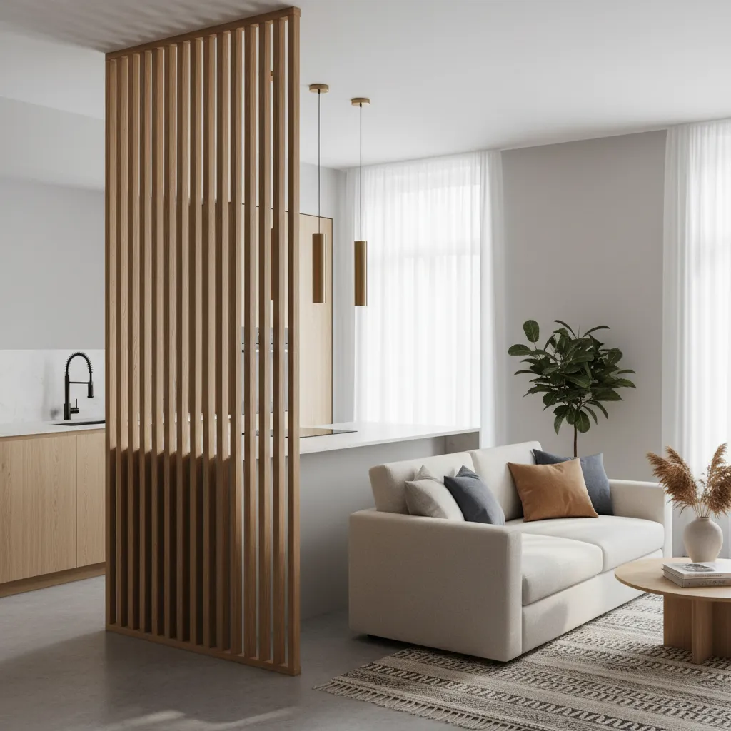 Panel de listones de madera separando cocina y salón