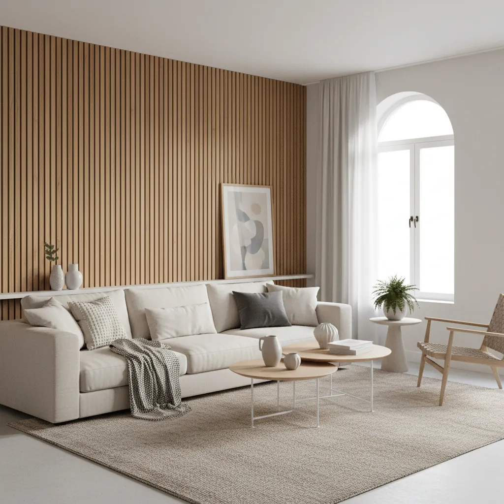 Pared con paneles de listones de madera detrás del sofá