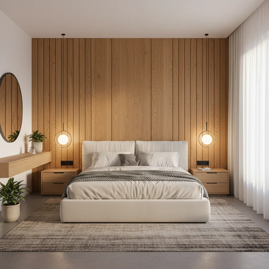 Cabecero de dormitorio con paneles de madera verticales