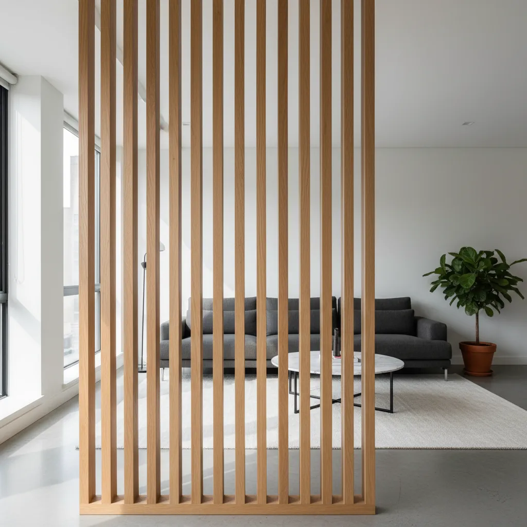 Paneles de madera verticales usados como separación decorativa