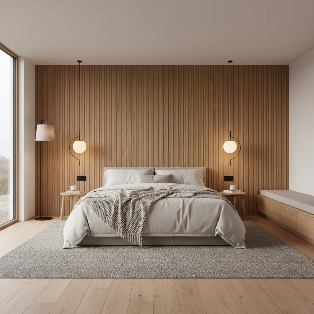 Dormitorio moderno con cabecero de paneles de madera