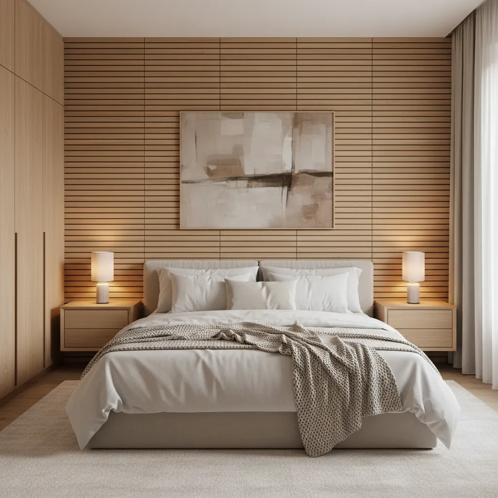 Dormitorio con paneles de madera clara detrás del cabecero