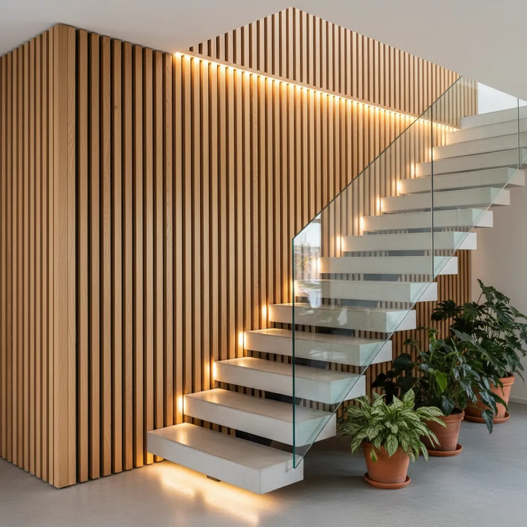 Modern floating stairs with glass railing wood wall panel light fixture and green potted plants