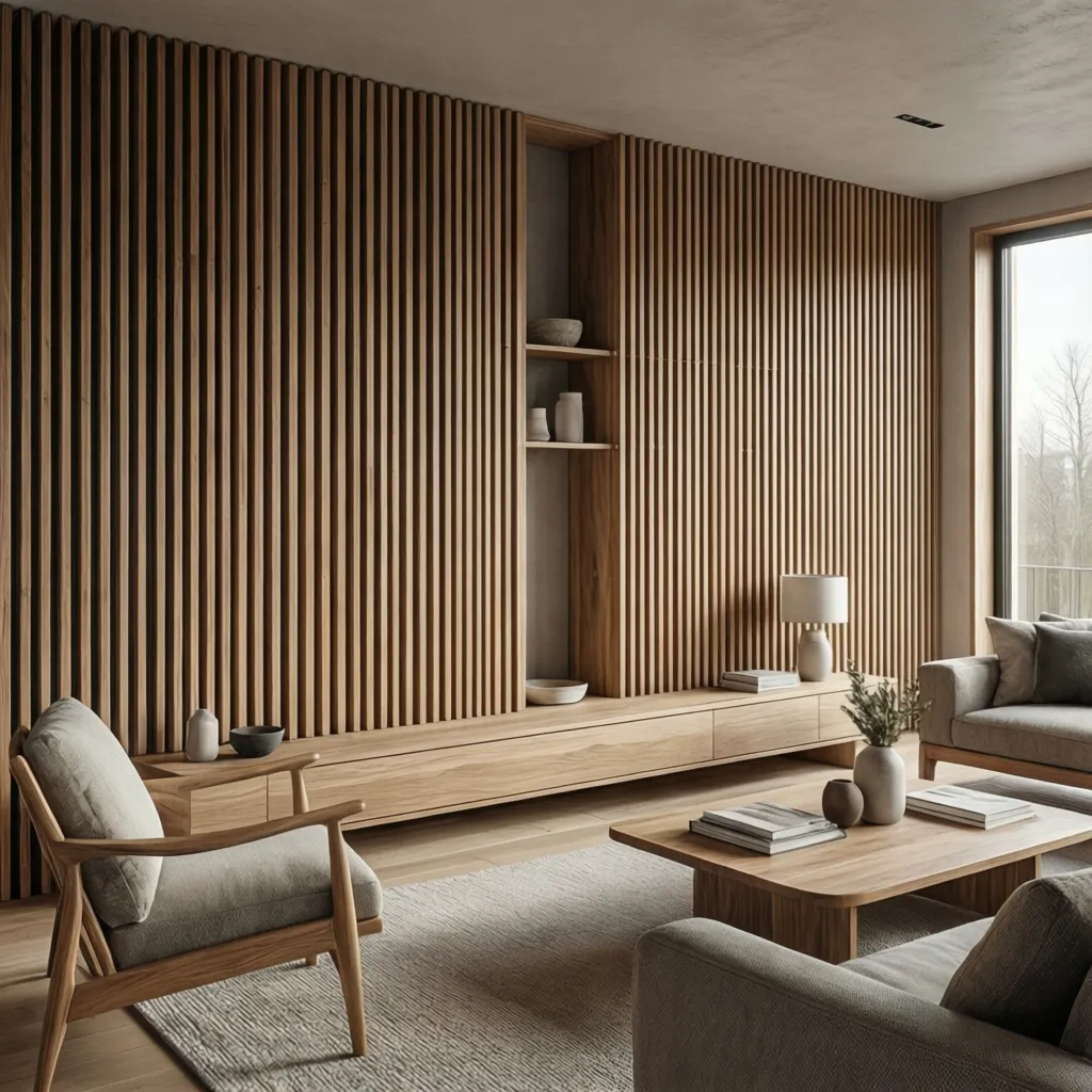 pared con paneles de listones de madera en un salón moderno