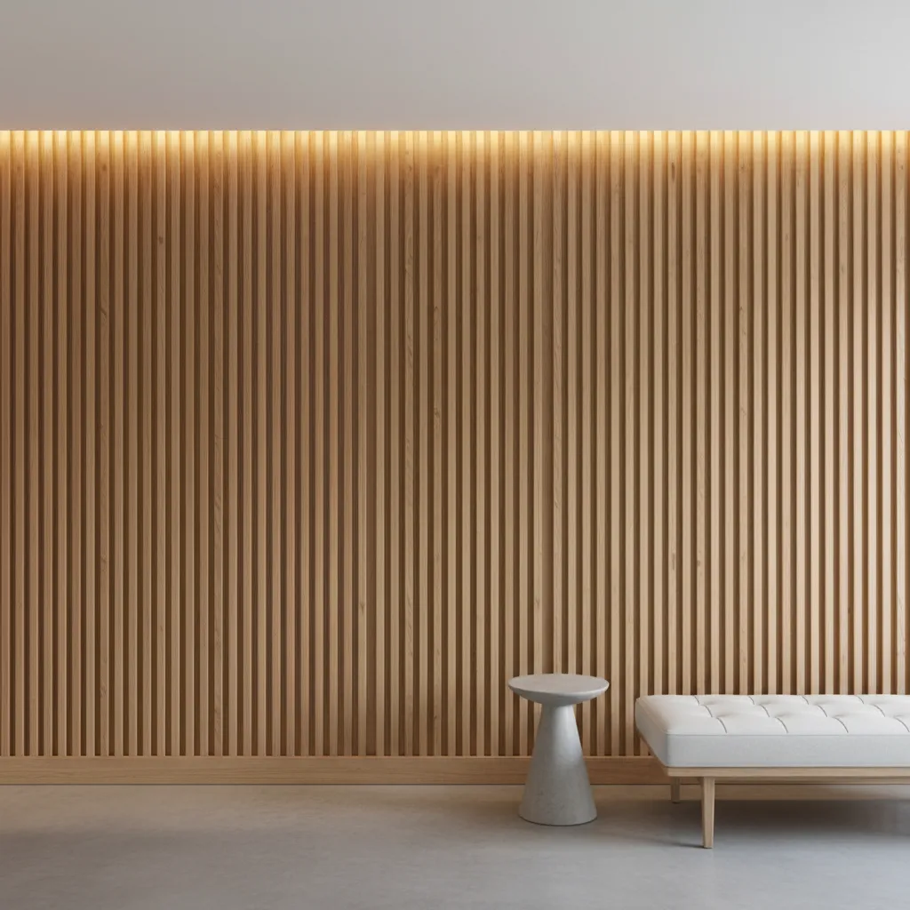 Paneles de listones de madera instalados en una pared interior