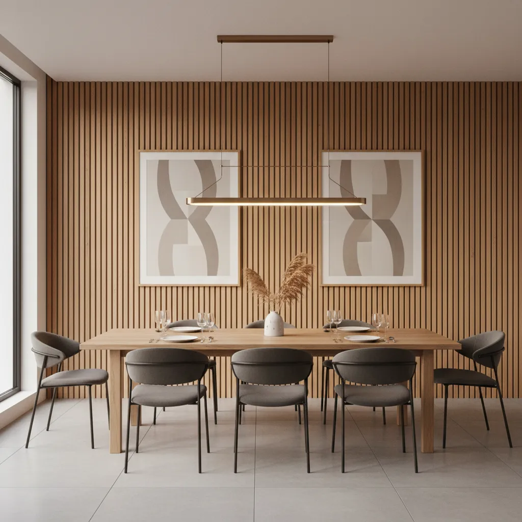 Pared de comedor con paneles verticales de madera