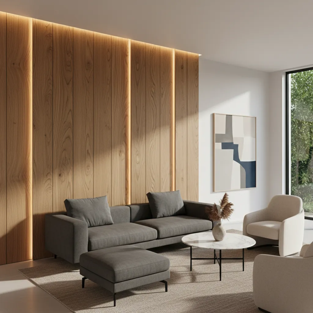 Contemporary living room with vertical wood wall panels glowing light strips and grey sectional sofa