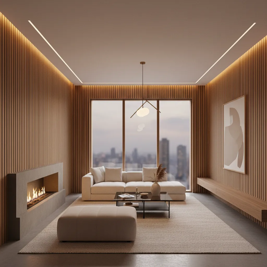 Pared decorativa con paneles de listones de madera