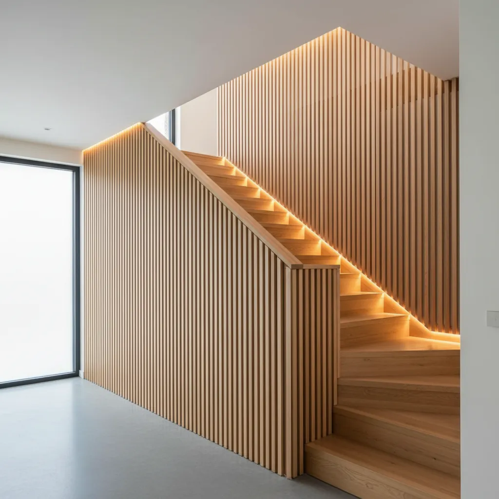Pared de escalera con paneles verticales de madera