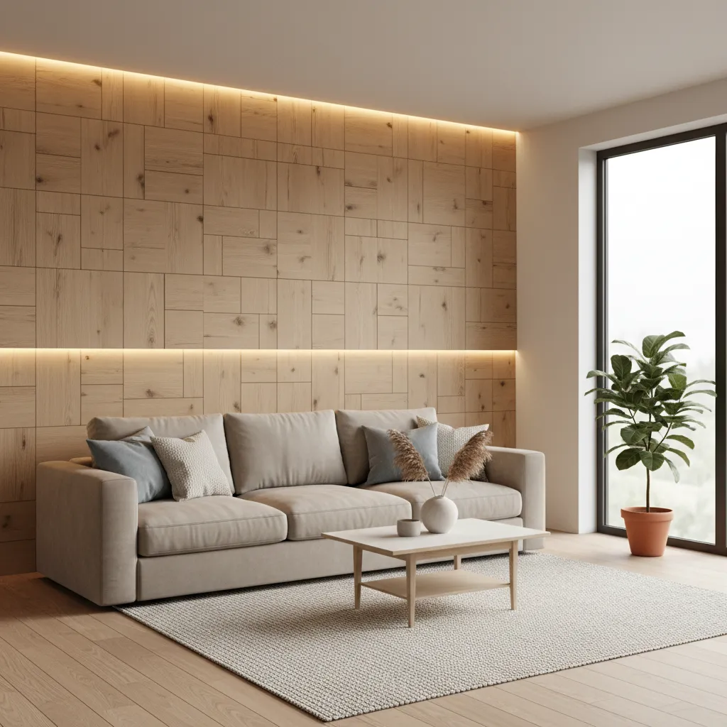 Paneles de madera decorativos en una pared de salón moderno