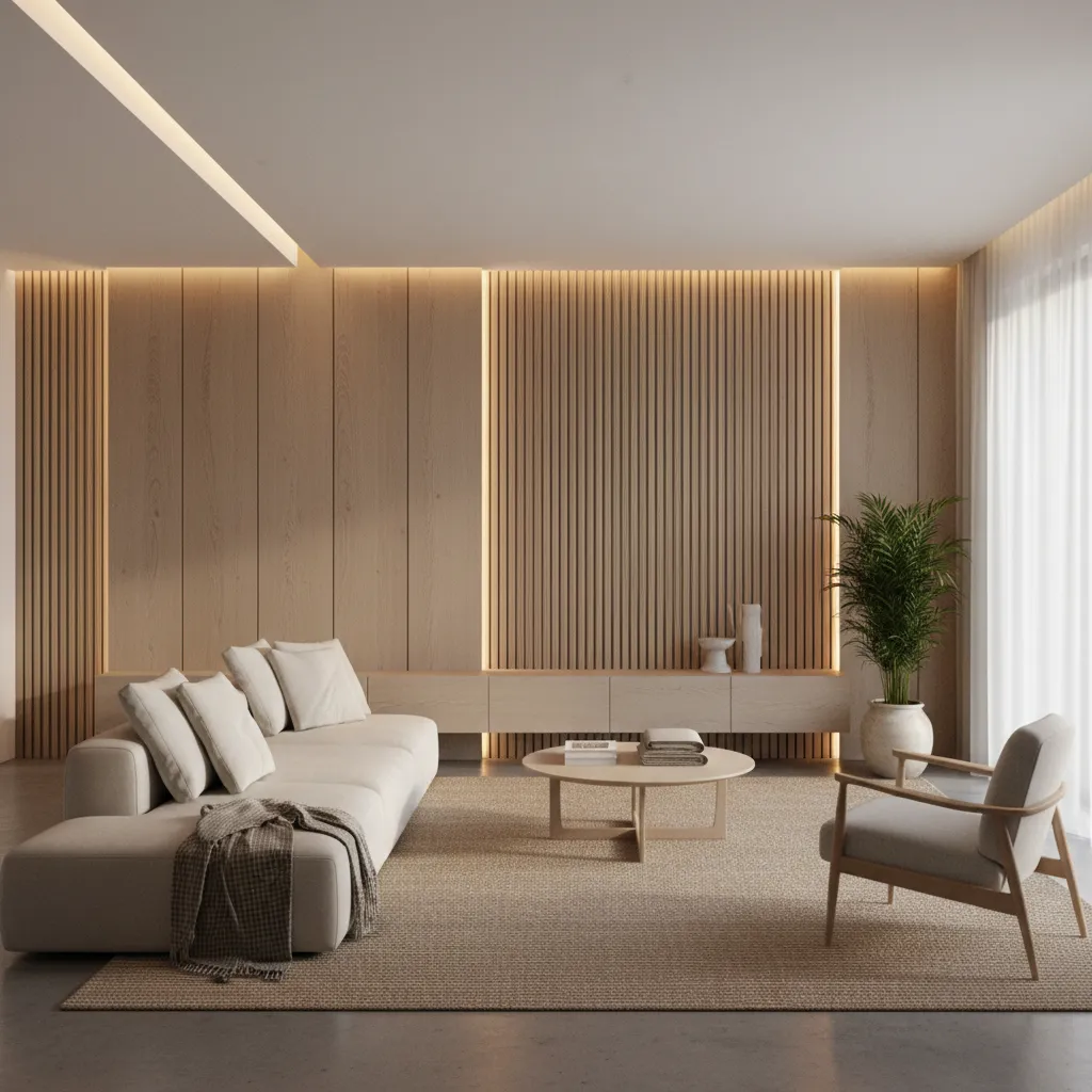 salón moderno con paneles de madera verticales en la pared