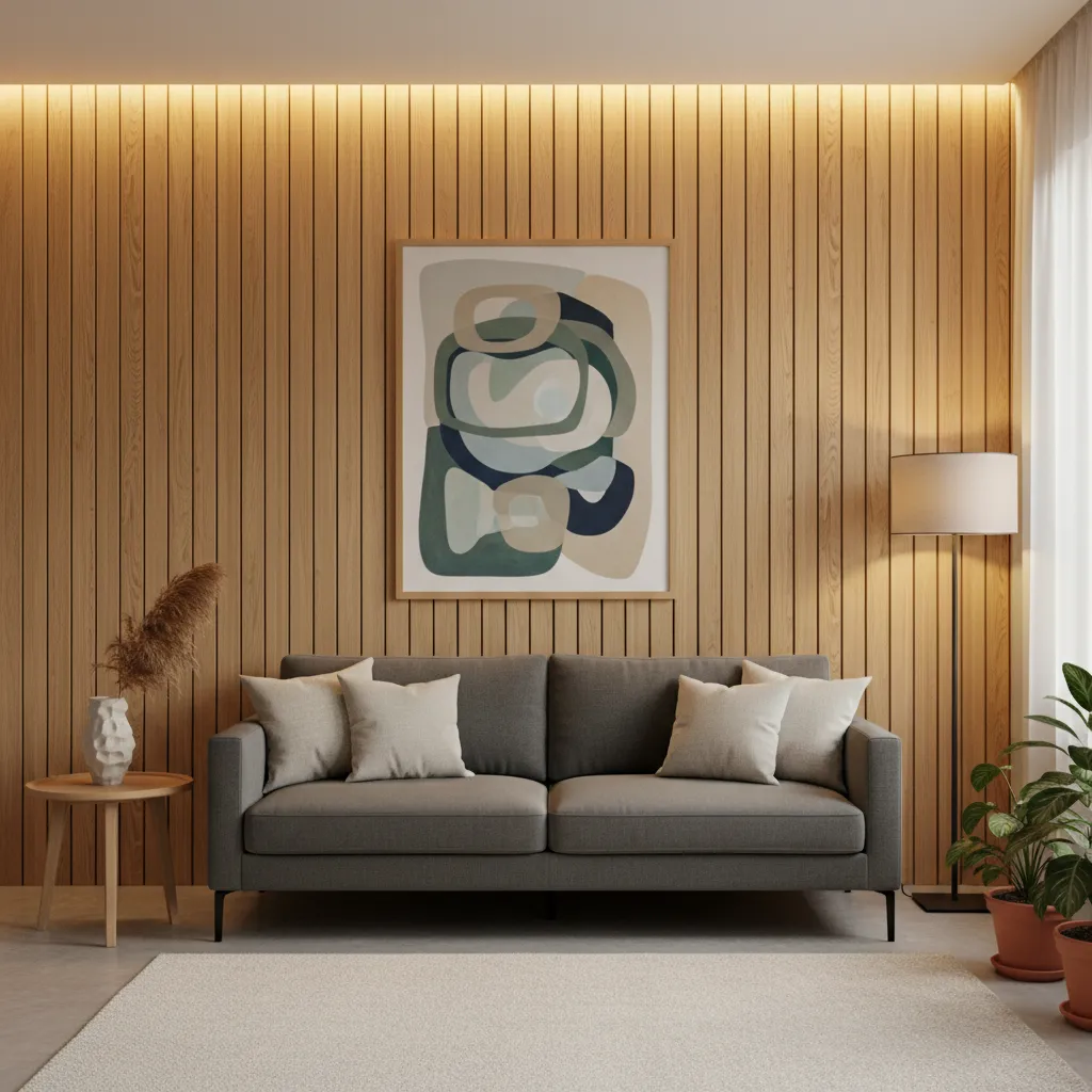 Pared de salón con paneles de madera decorativos