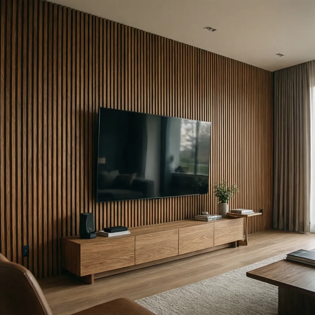 Paneles de madera con listones verticales en pared de salón